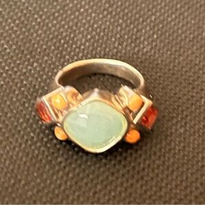 VTG 925 Mexico Modernist Multi Stone Ring Amazonite Coral Sz 6